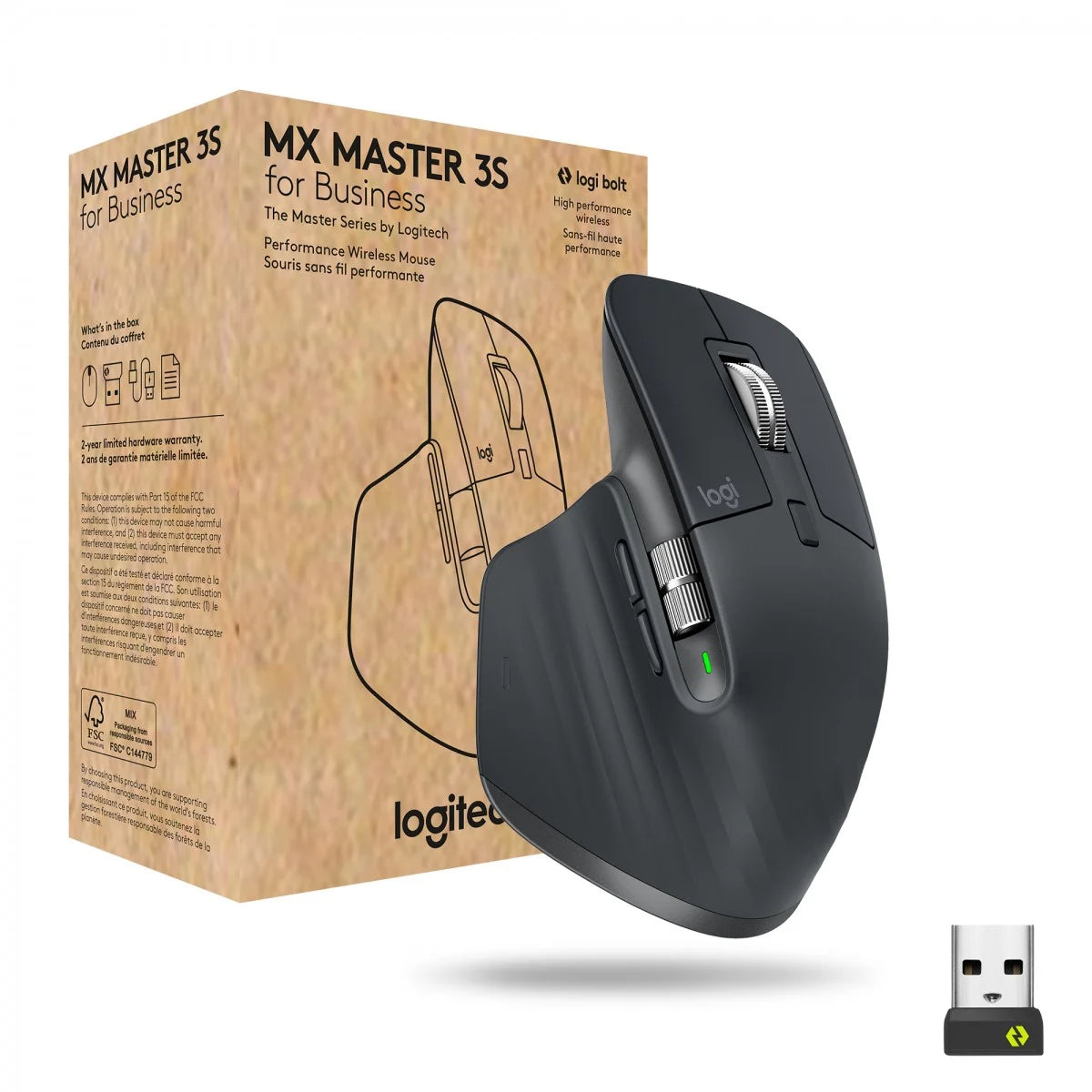 Logitech MX Master 3S wireless mouse next to its packaging box, showing the mouse's design and the Logitech brand logo.